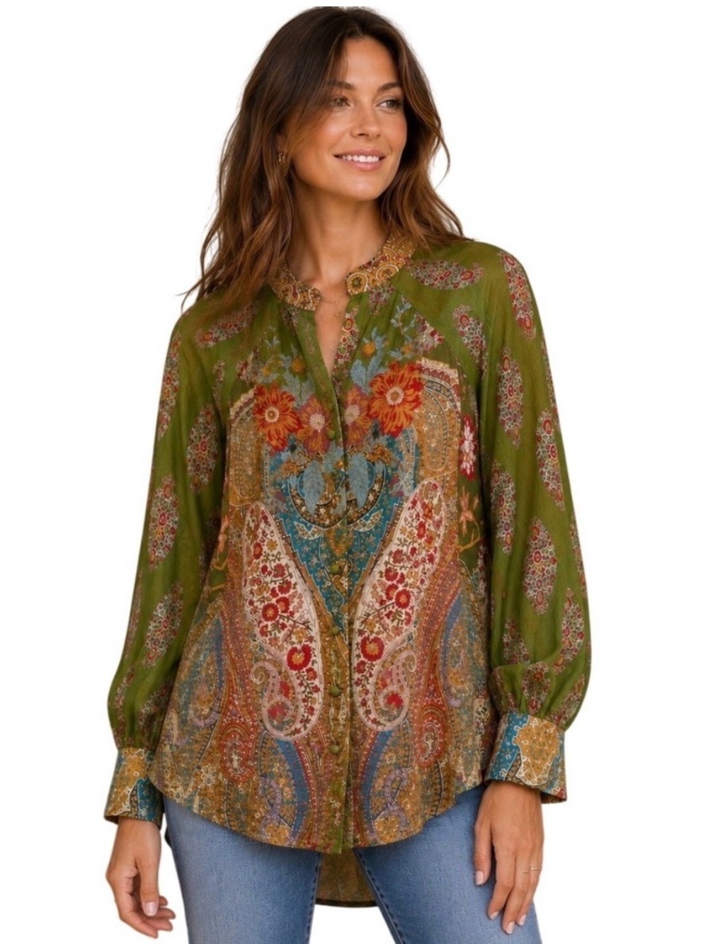Soft Surroundings Desert Flower Paisley Tunic Blouse 1X Green Knit Tank Included